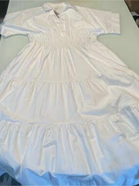 Anthropologie The Somerset Maxi Shirt Dress Crisp White Poplin Smocked LP